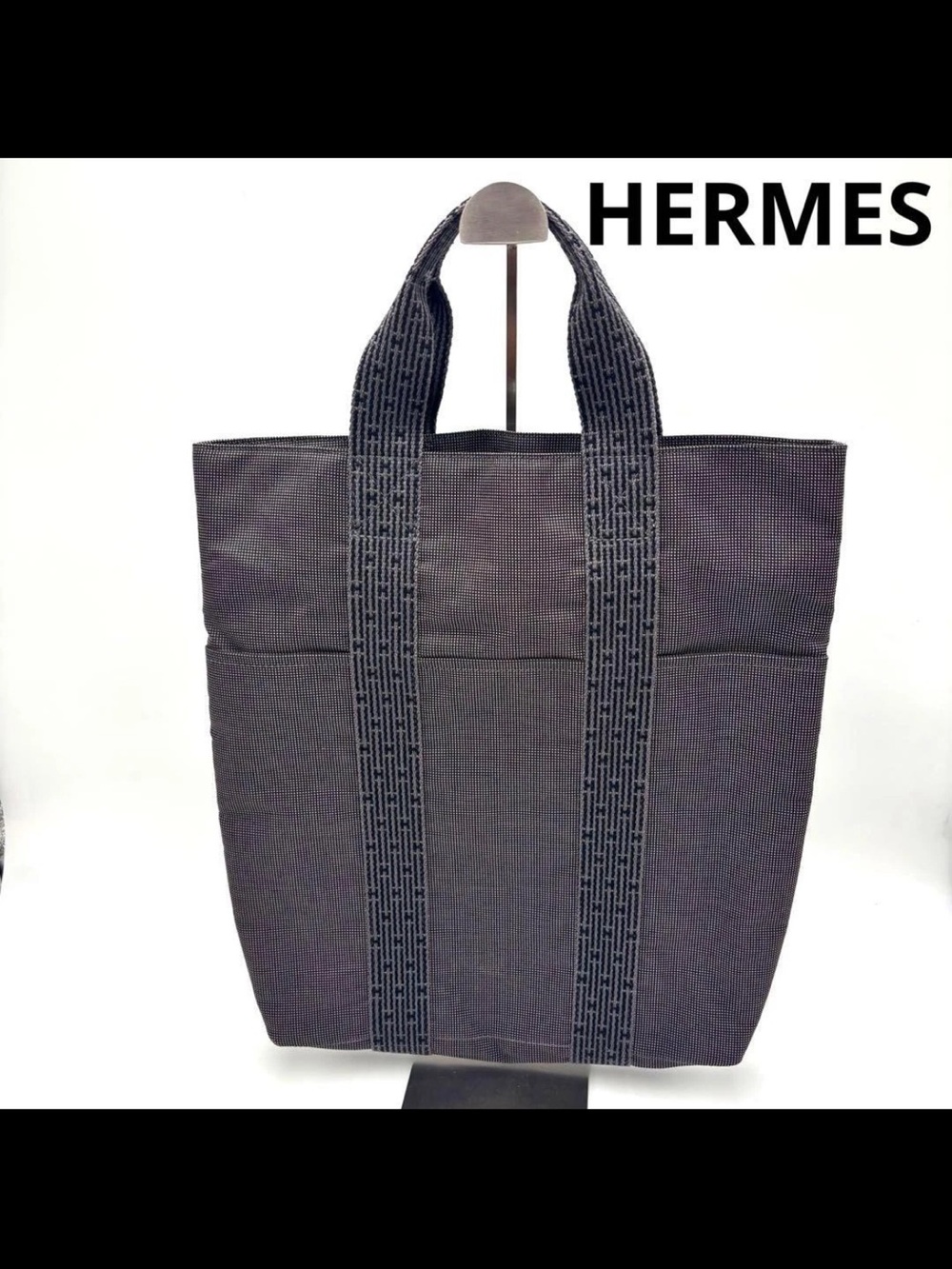 HERMES Black Canvas Vertical Tote with Logo Webbing Handles